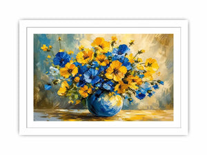 Blue and yellow floral bouquet in a modern impressionist vase painting
