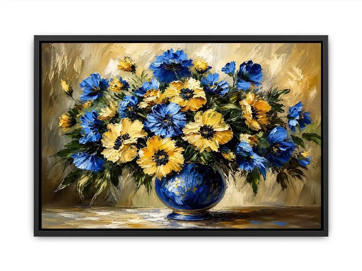 Blue and yellow impressionist floral bouquet in a deep blue vase