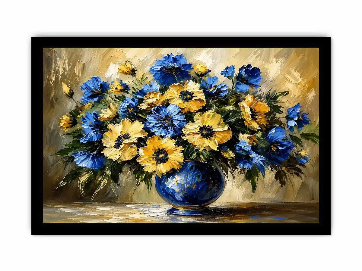 Blue and yellow impressionist floral bouquet in a deep blue vase