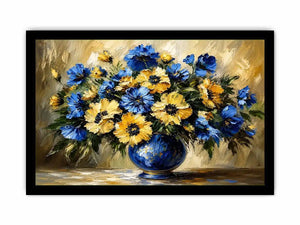 Blue and yellow impressionist floral bouquet in a deep blue vase