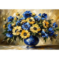 Blue and yellow impressionist floral bouquet in a deep blue vase