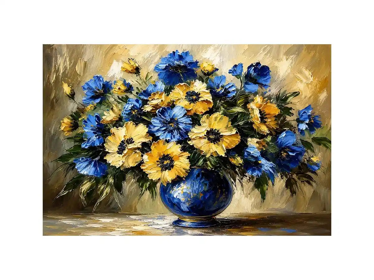 Blue and yellow impressionist floral bouquet in a deep blue vase