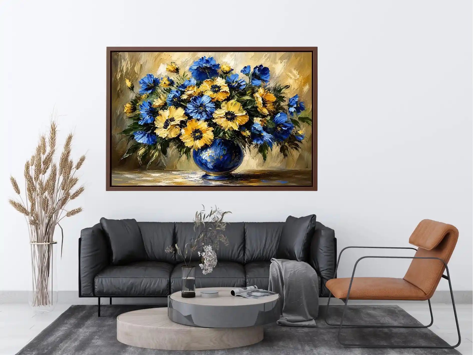 Blue and yellow impressionist floral bouquet in a deep blue vase