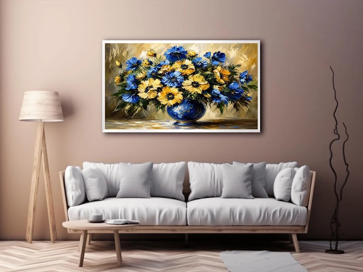 Blue and yellow impressionist floral bouquet in a deep blue vase