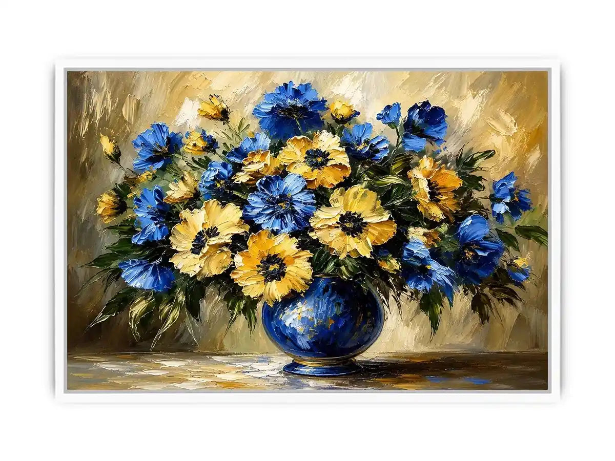 Blue and yellow impressionist floral bouquet in a deep blue vase
