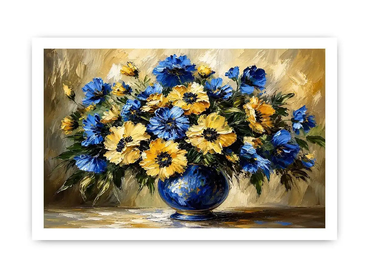 Blue and yellow impressionist floral bouquet in a deep blue vase