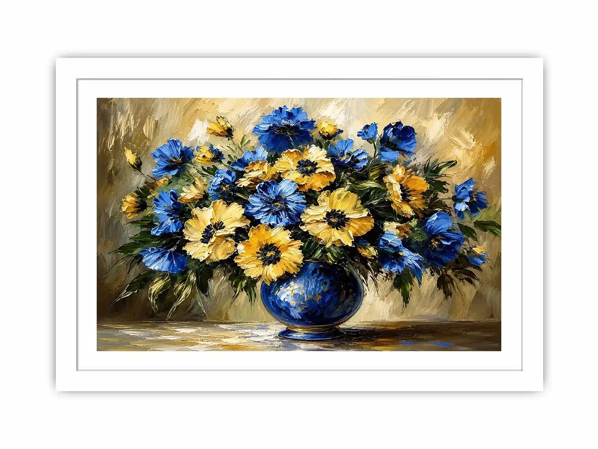 Blue and yellow impressionist floral bouquet in a deep blue vase