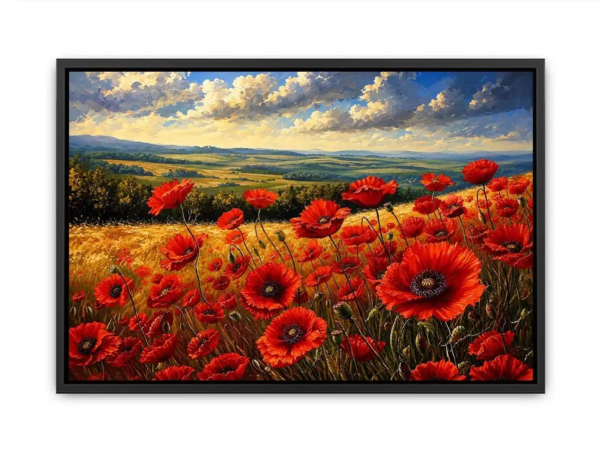 Red poppy flowers blooming across a golden countryside landscape under a dramatic sky