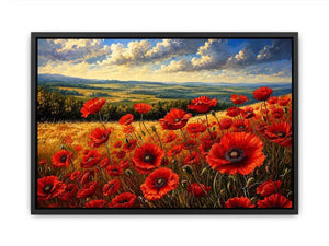 Red poppy flowers blooming across a golden countryside landscape under a dramatic sky