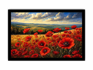 Red poppy flowers blooming across a golden countryside landscape under a dramatic sky
