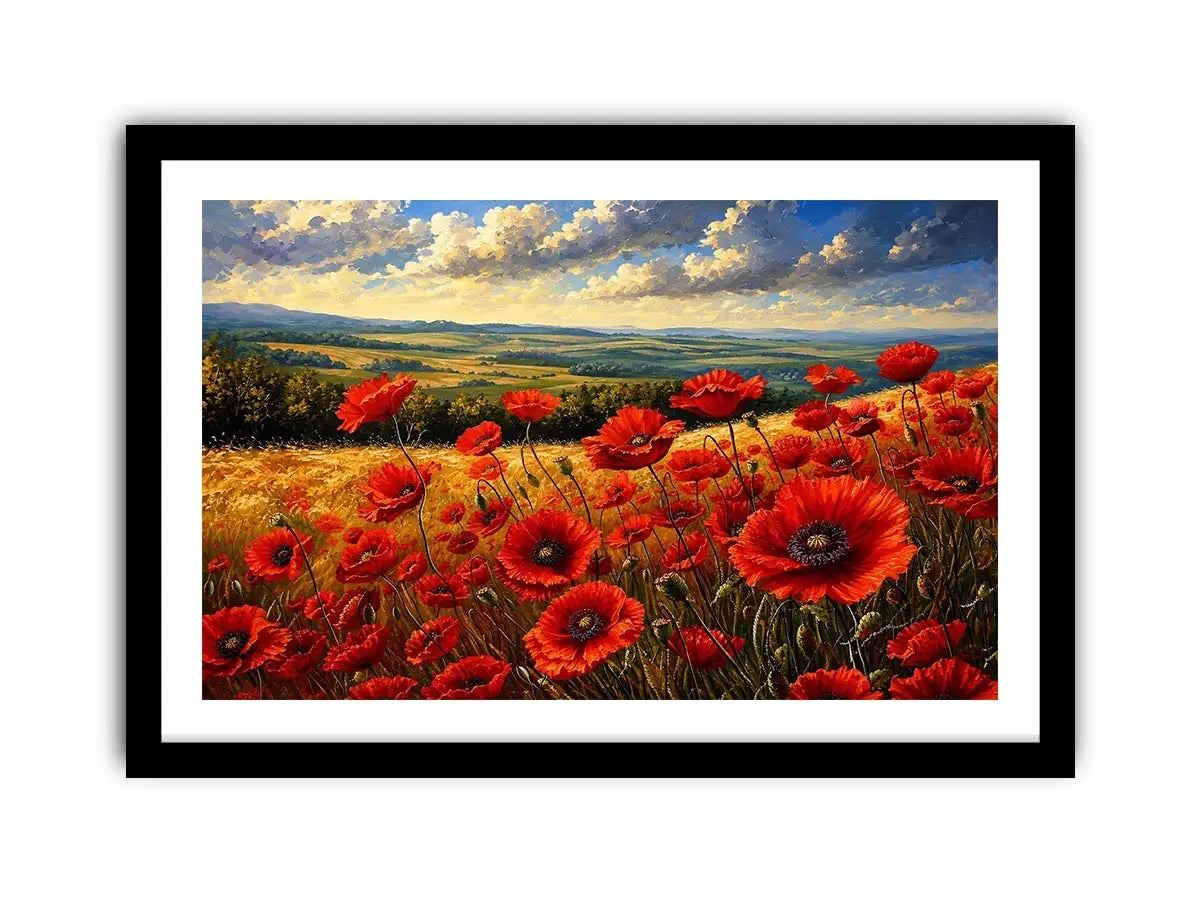 Red poppy flowers blooming across a golden countryside landscape under a dramatic sky