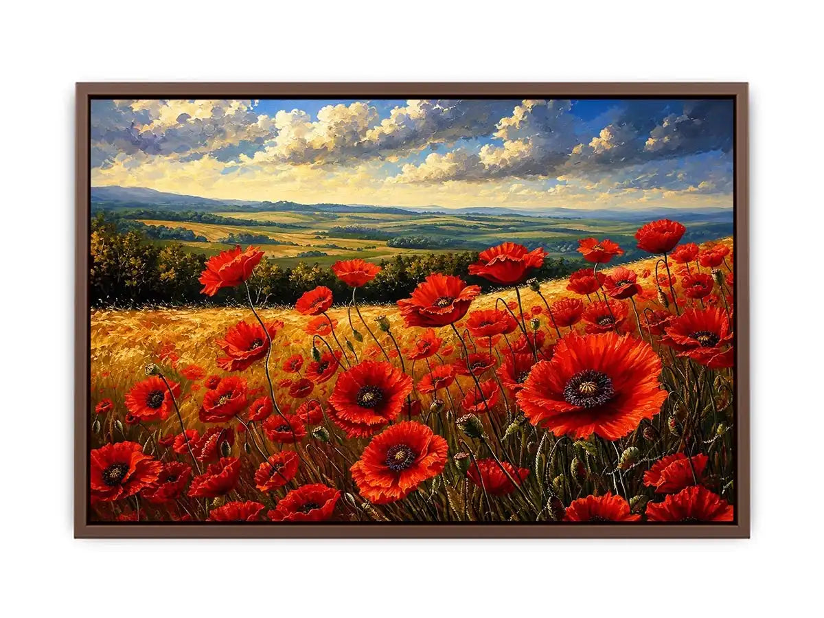 Red poppy flowers blooming across a golden countryside landscape under a dramatic sky