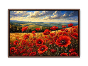 Red poppy flowers blooming across a golden countryside landscape under a dramatic sky