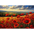 Red poppy flowers blooming across a golden countryside landscape under a dramatic sky