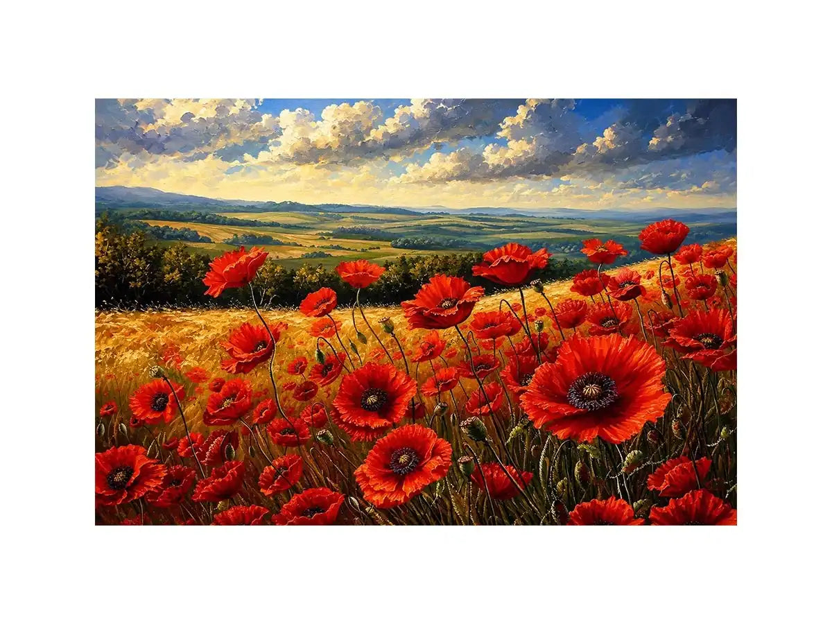 Red poppy flowers blooming across a golden countryside landscape under a dramatic sky
