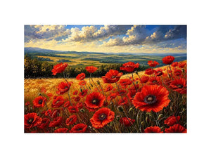 Red poppy flowers blooming across a golden countryside landscape under a dramatic sky