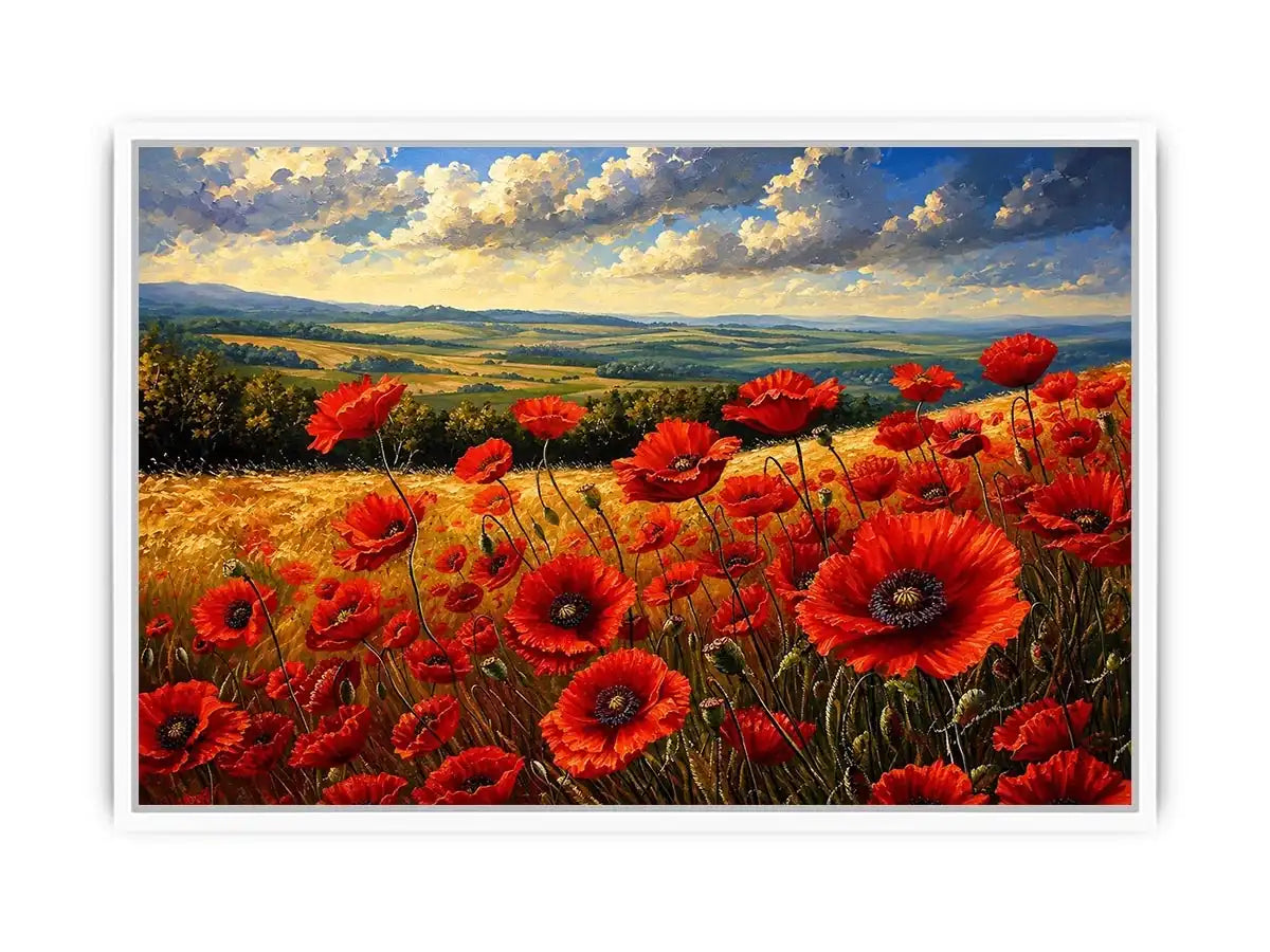 Red poppy flowers blooming across a golden countryside landscape under a dramatic sky