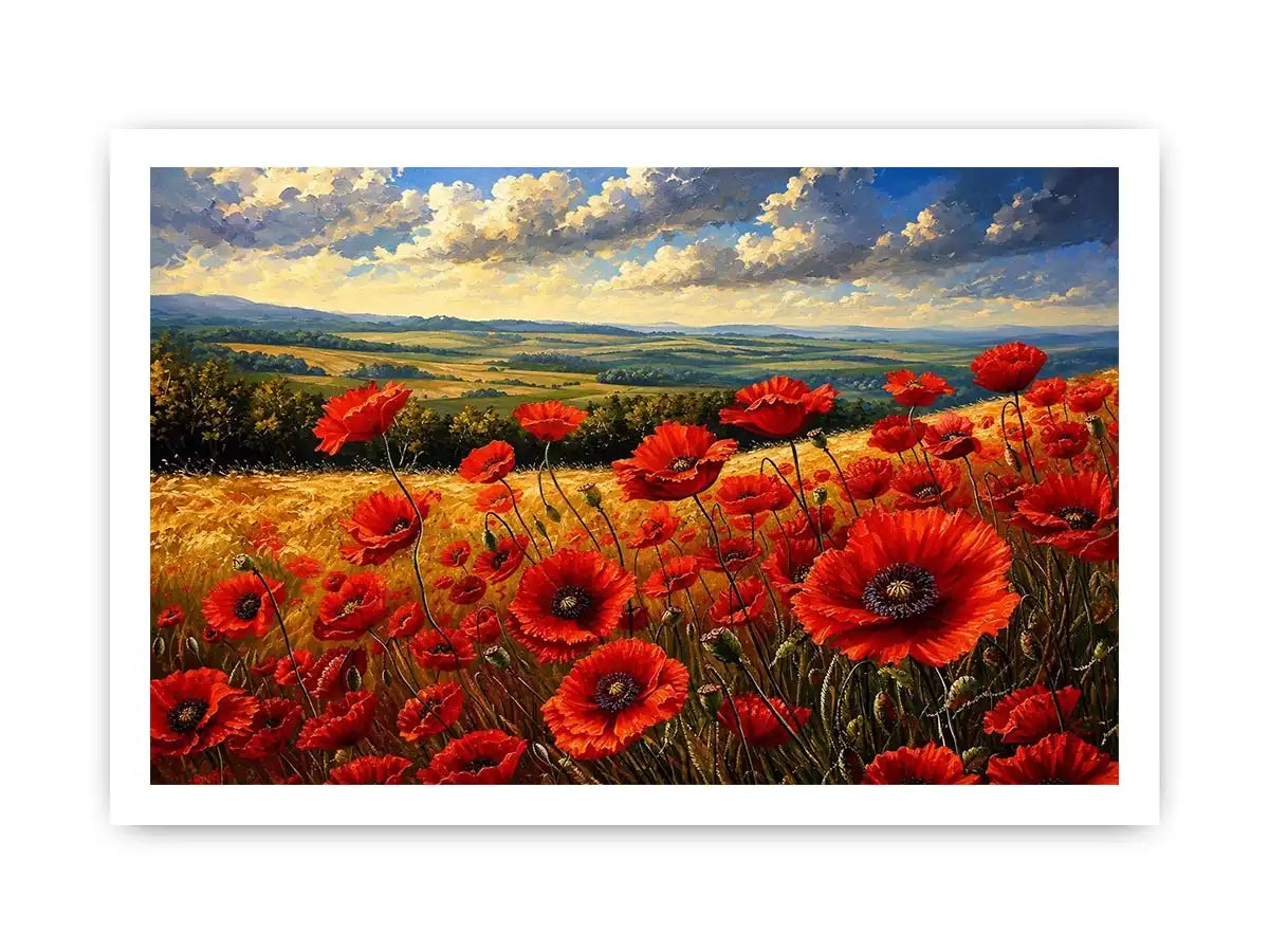 Red poppy flowers blooming across a golden countryside landscape under a dramatic sky