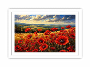Red poppy flowers blooming across a golden countryside landscape under a dramatic sky