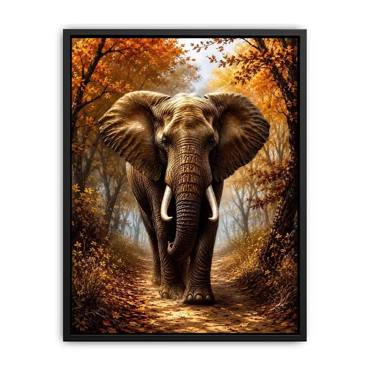 Majestic elephant walking through a misty autumn forest path in painterly style