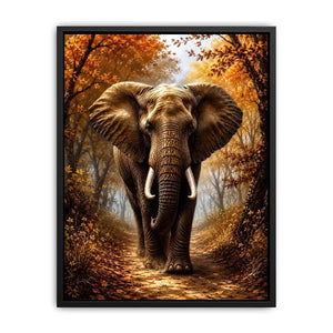Majestic elephant walking through a misty autumn forest path in painterly style