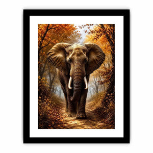 Majestic elephant walking through a misty autumn forest path in painterly style