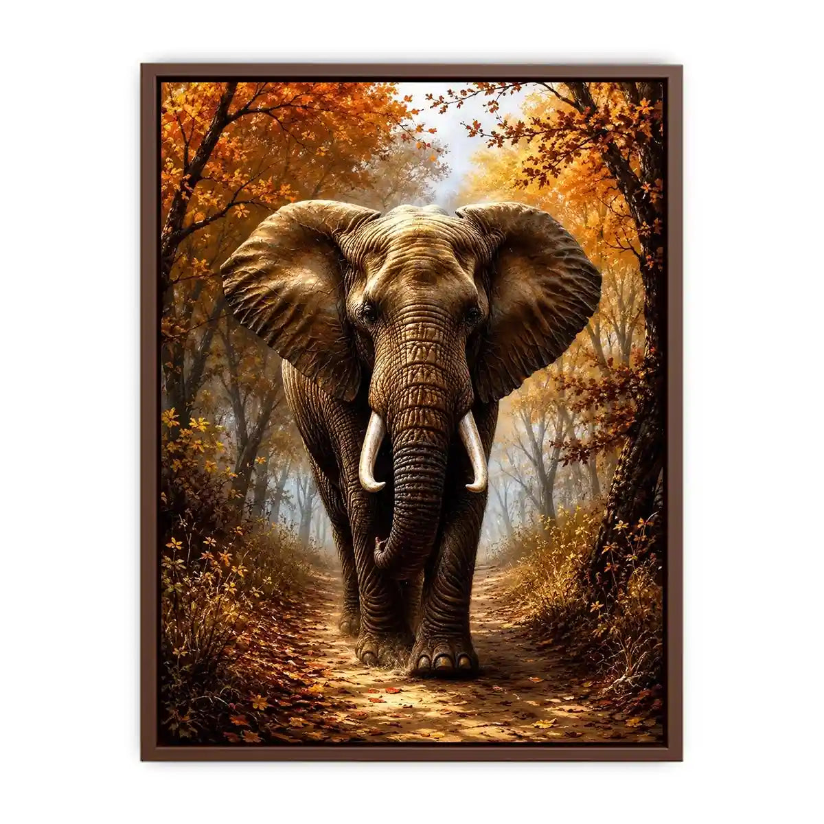 Majestic elephant walking through a misty autumn forest path in painterly style