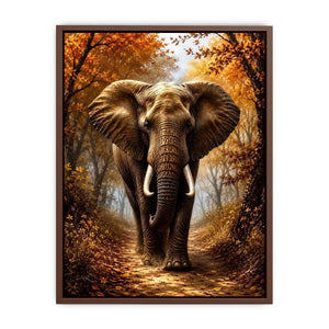 Majestic elephant walking through a misty autumn forest path in painterly style