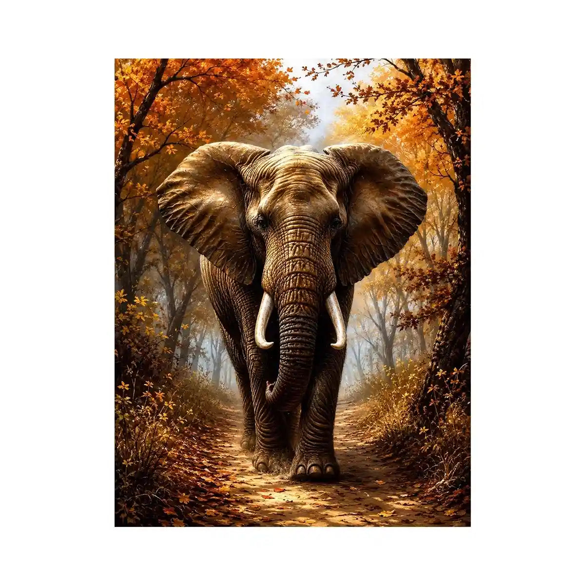 Majestic elephant walking through a misty autumn forest path in painterly style