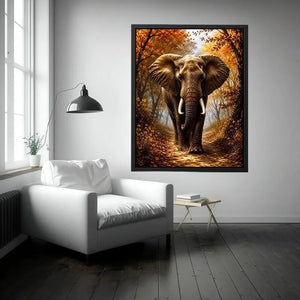 Majestic elephant walking through a misty autumn forest path in painterly style