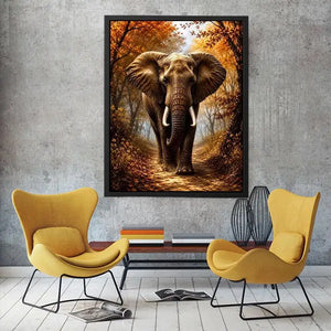 Majestic elephant walking through a misty autumn forest path in painterly style