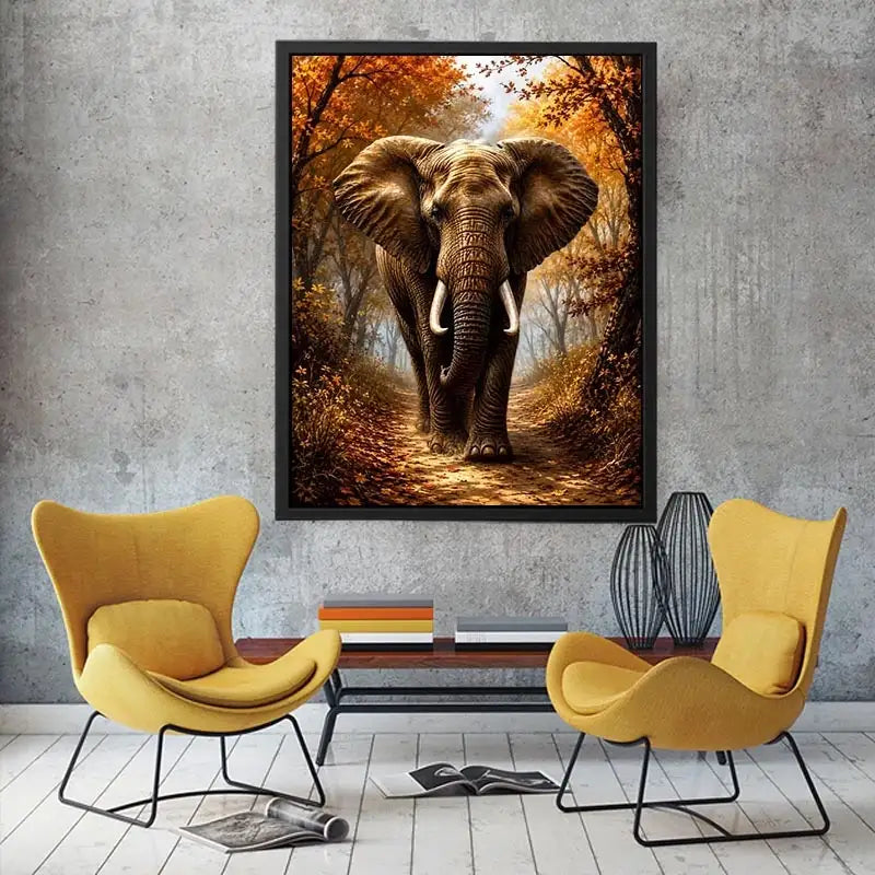 Majestic elephant walking through a misty autumn forest path in painterly style
