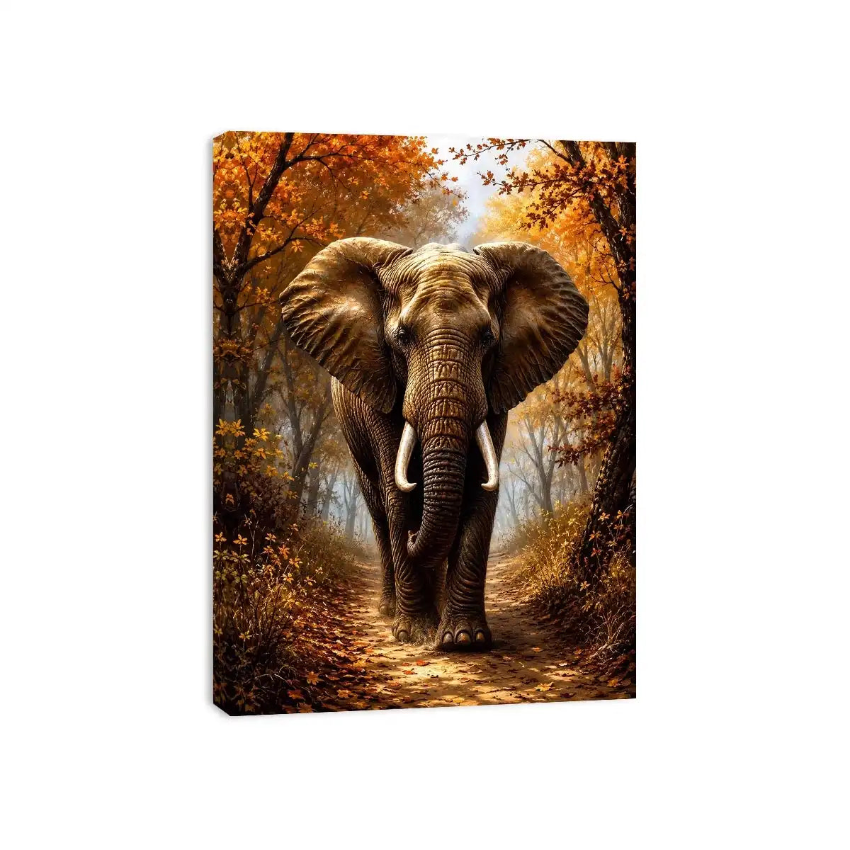 Majestic elephant walking through a misty autumn forest path in painterly style
