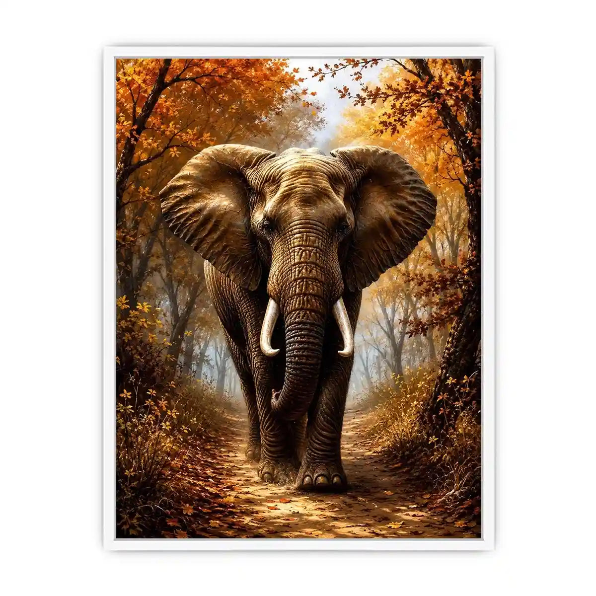 Majestic elephant walking through a misty autumn forest path in painterly style