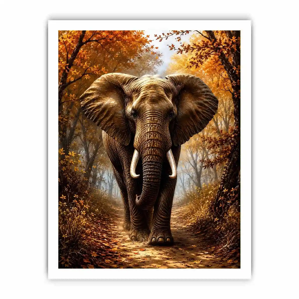Majestic elephant walking through a misty autumn forest path in painterly style