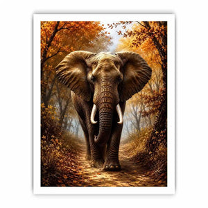 Majestic elephant walking through a misty autumn forest path in painterly style