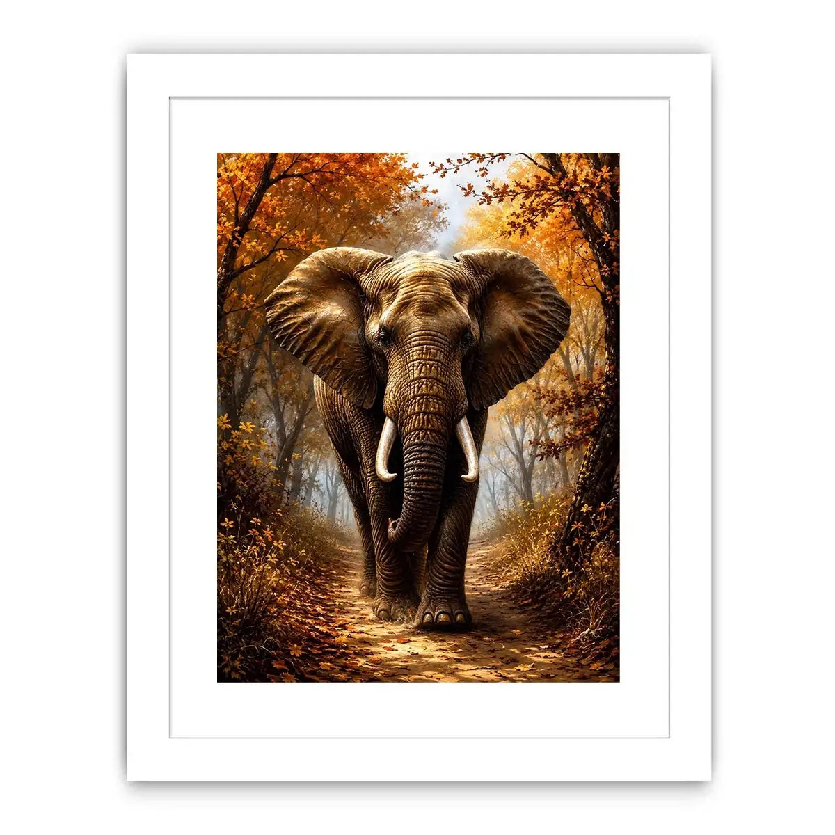 Majestic elephant walking through a misty autumn forest path in painterly style