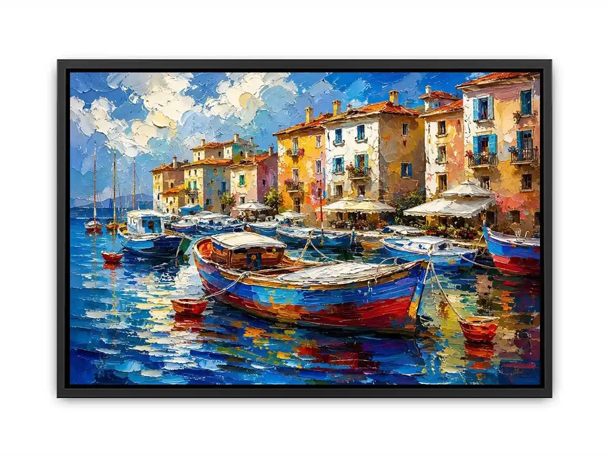 Colorful Mediterranean boats floating in a painterly coastal harbor village