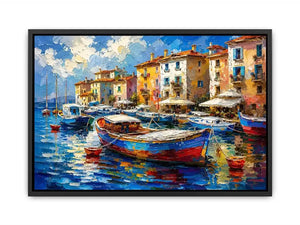 Colorful Mediterranean boats floating in a painterly coastal harbor village