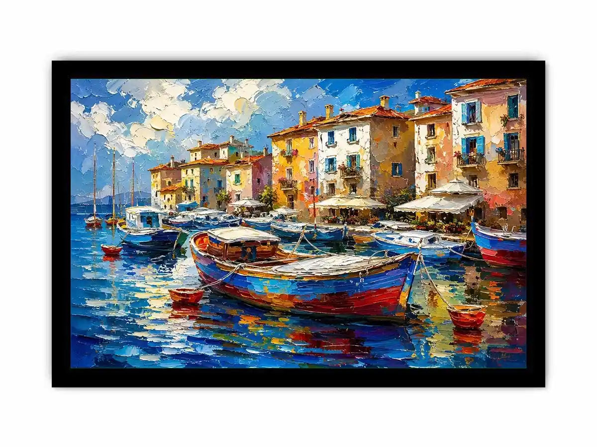 Colorful Mediterranean boats floating in a painterly coastal harbor village