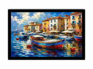 Colorful Mediterranean boats floating in a painterly coastal harbor village