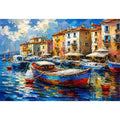 Colorful Mediterranean boats floating in a painterly coastal harbor village