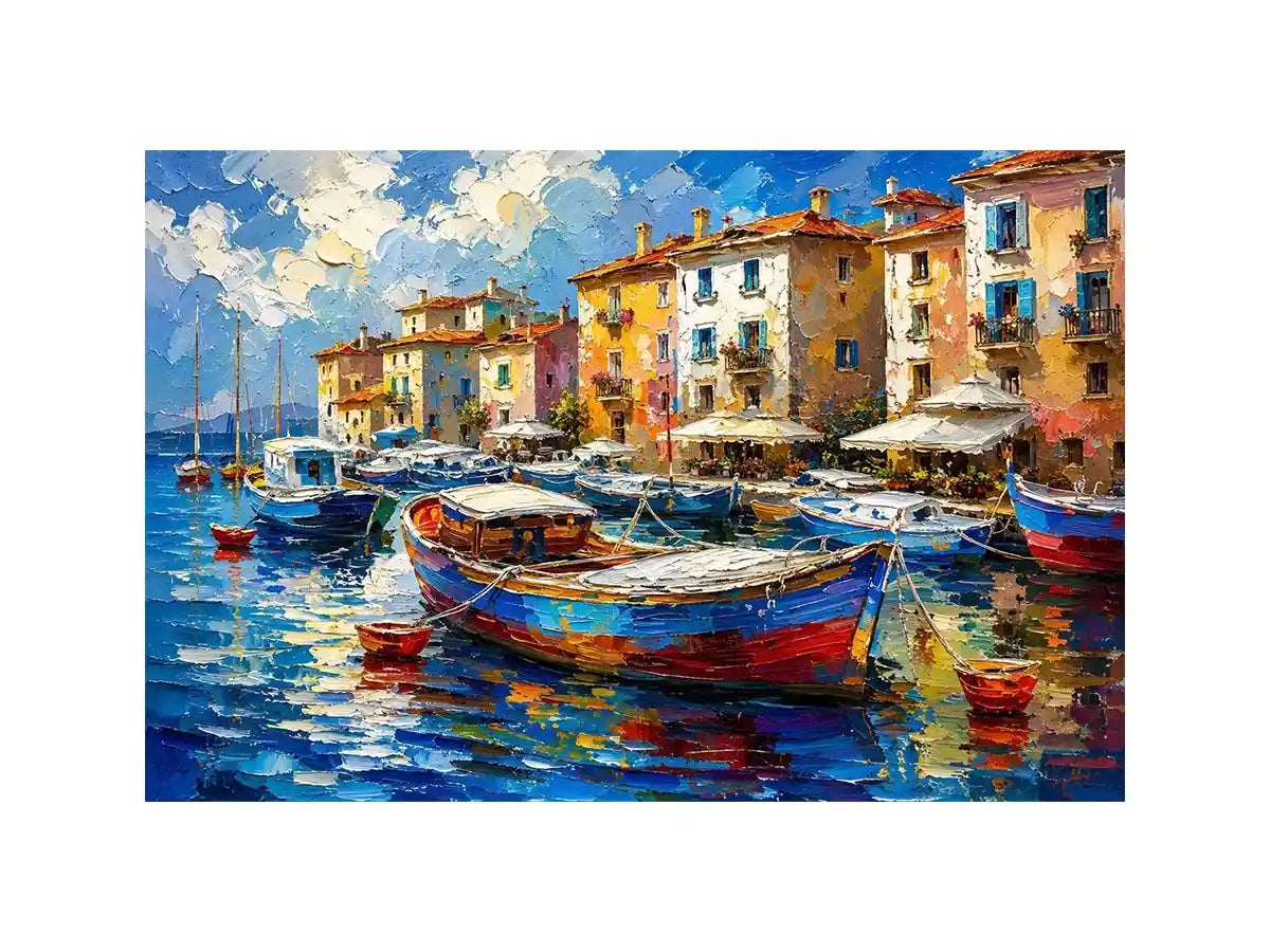 Colorful Mediterranean boats floating in a painterly coastal harbor village