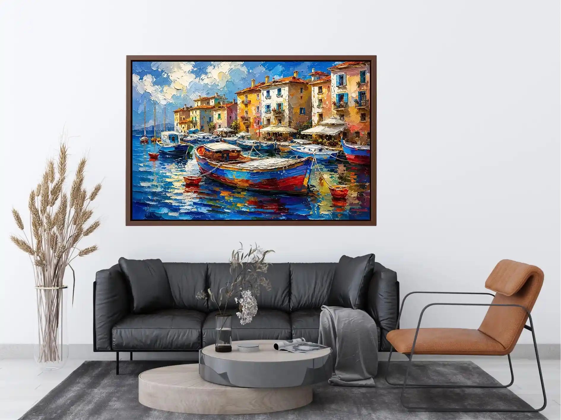 Colorful Mediterranean boats floating in a painterly coastal harbor village