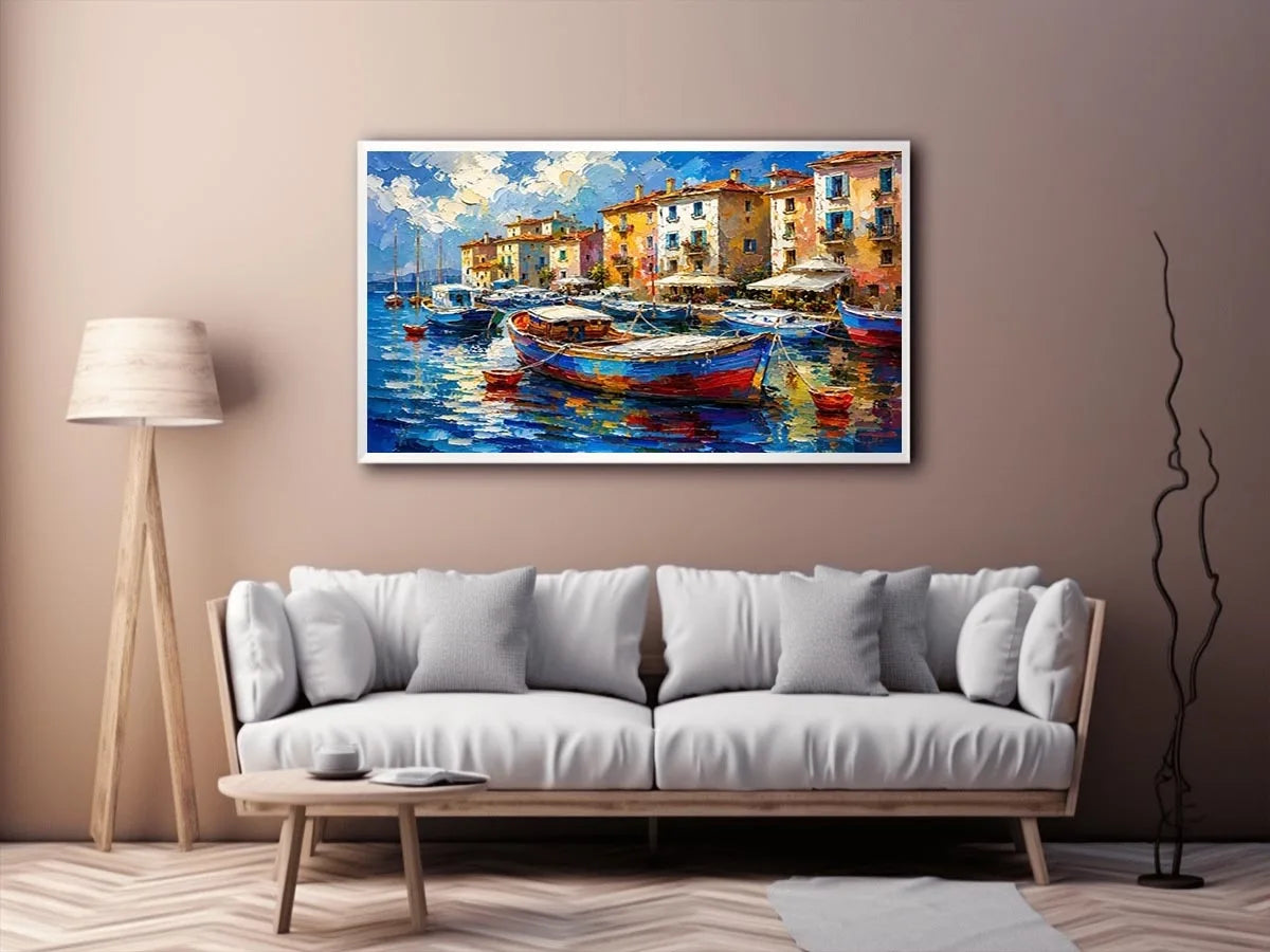 Colorful Mediterranean boats floating in a painterly coastal harbor village
