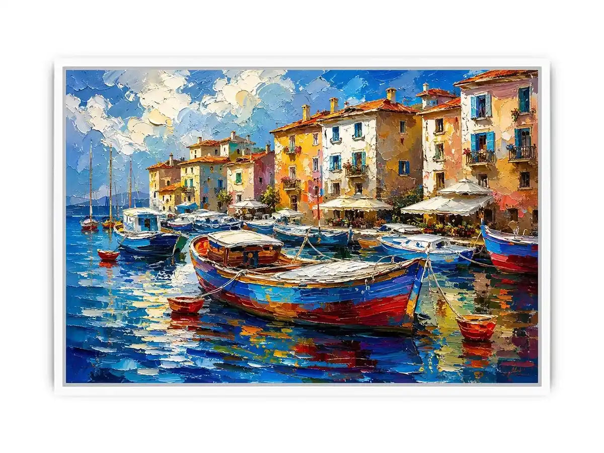 Colorful Mediterranean boats floating in a painterly coastal harbor village