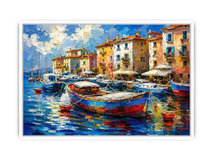 Colorful Mediterranean boats floating in a painterly coastal harbor village
