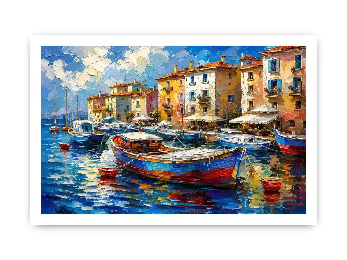 Colorful Mediterranean boats floating in a painterly coastal harbor village