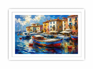 Colorful Mediterranean boats floating in a painterly coastal harbor village