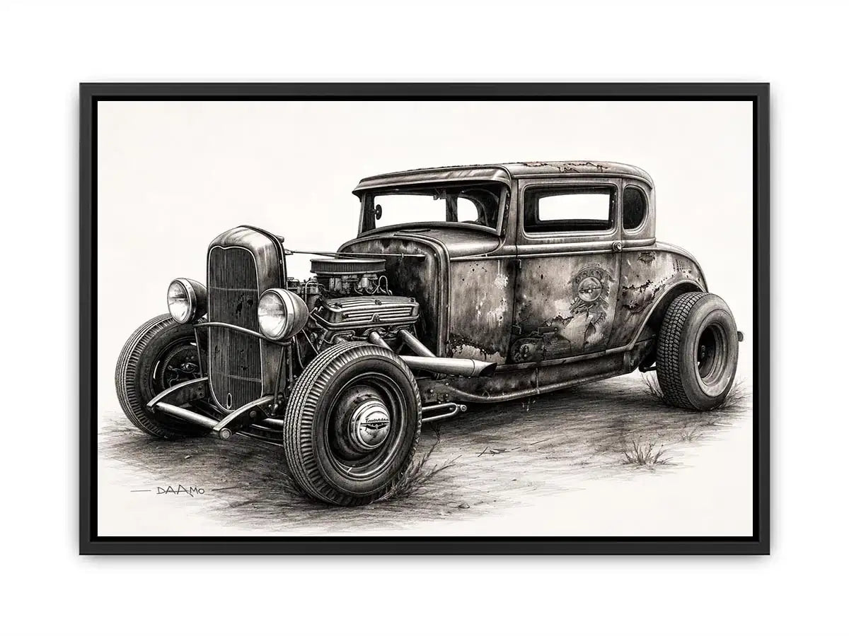 Vintage hot rod coupe pencil drawing black and white industrial muscle car wall art with exposed engine and retro rat rod styling